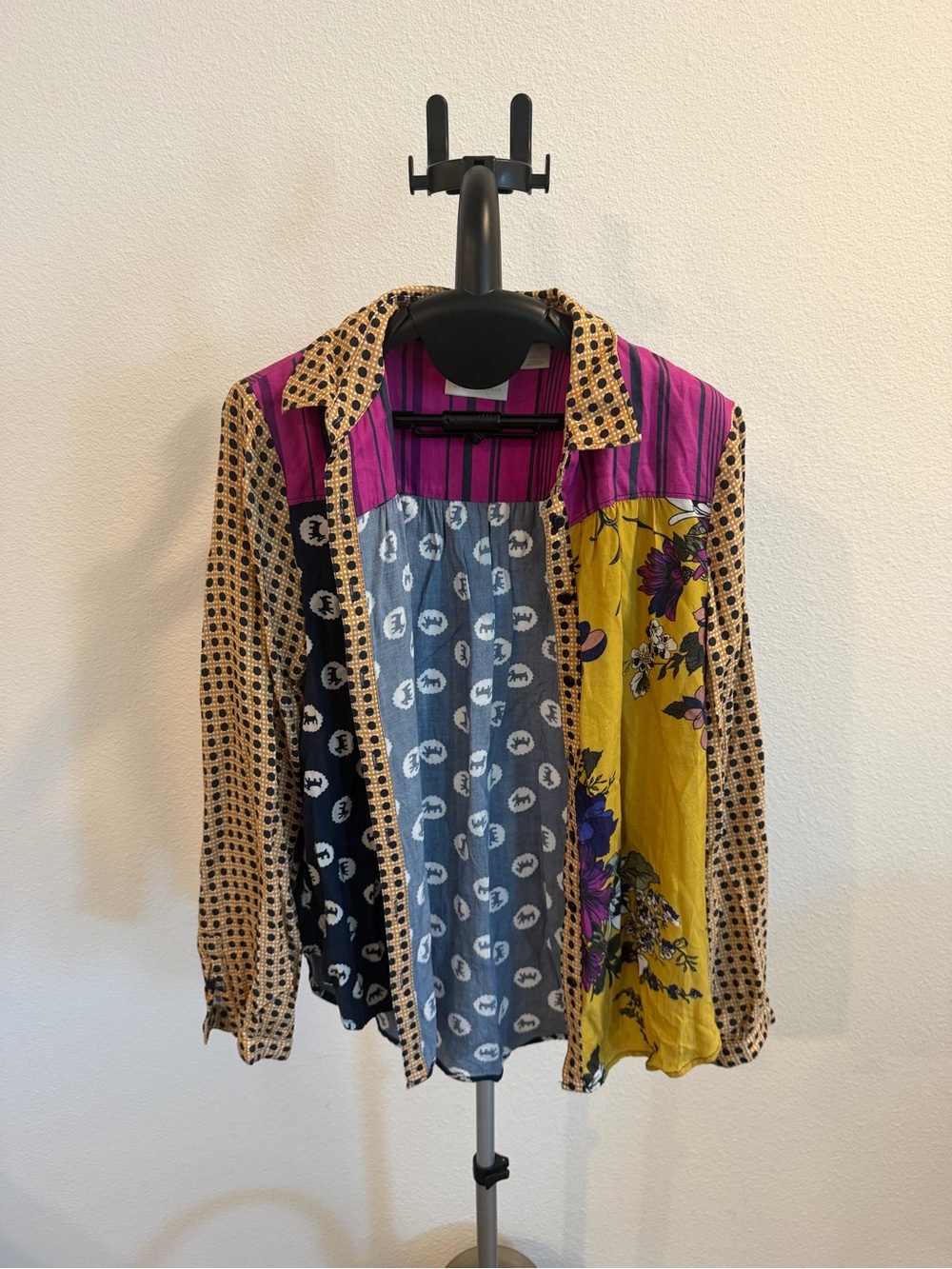Mauve Patchwork Multicolor Button-Up Blouse - Pink, Yellow, Blue, Black